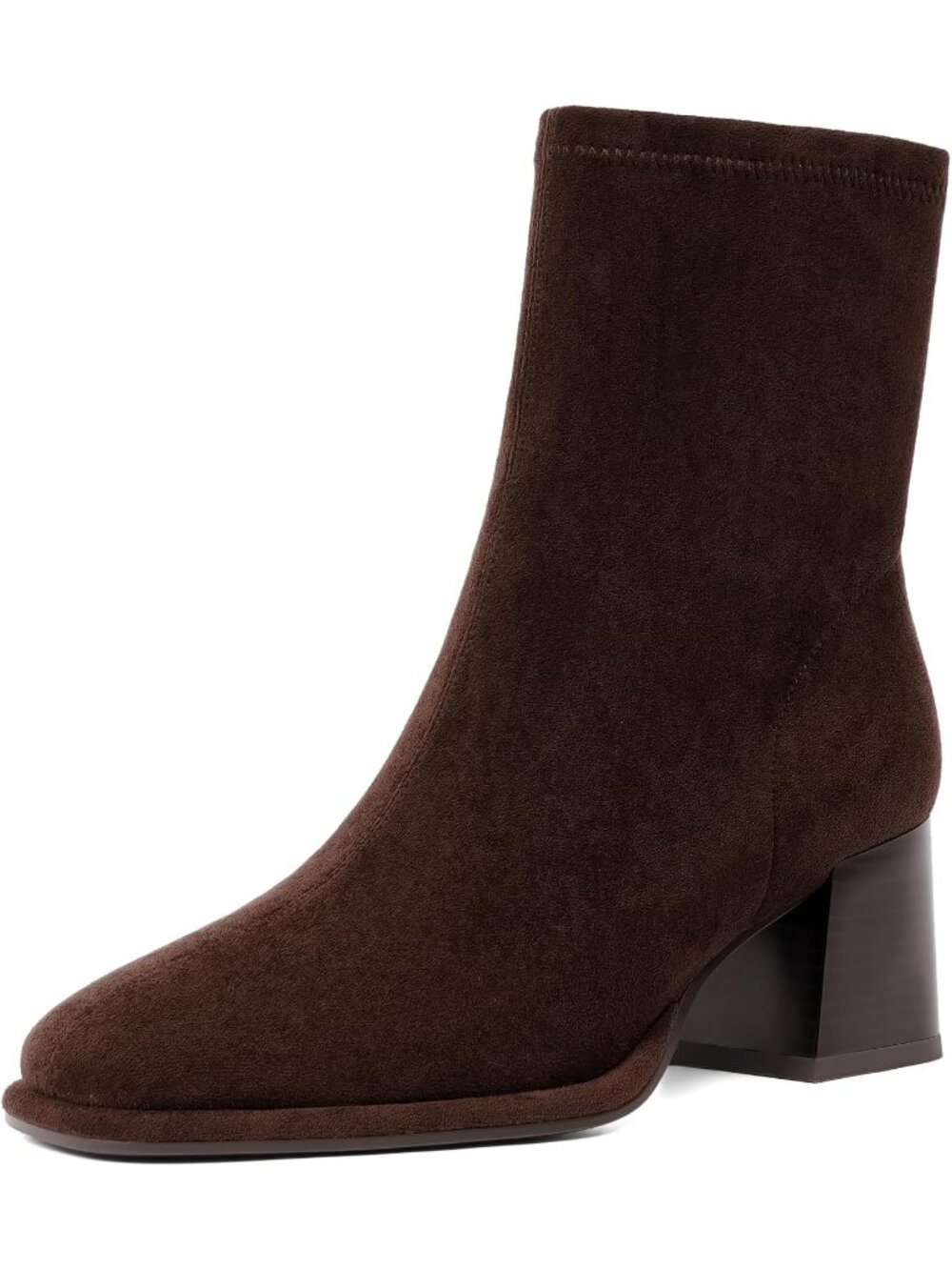 Women's Chocolate Faux Suede Chunky Block Heel With Side Zipper Stretch Boot